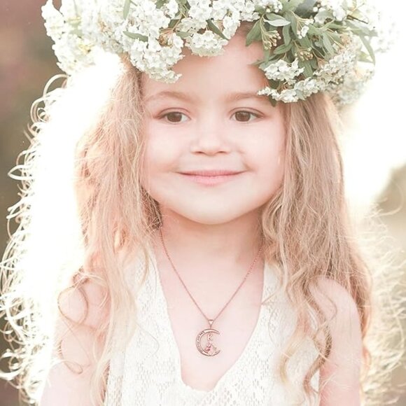 Unicorns Girls Necklaces, 14K Rose Gold Plated Moon Pendant Unicorn  Initial "L" - Picture 6 of 6